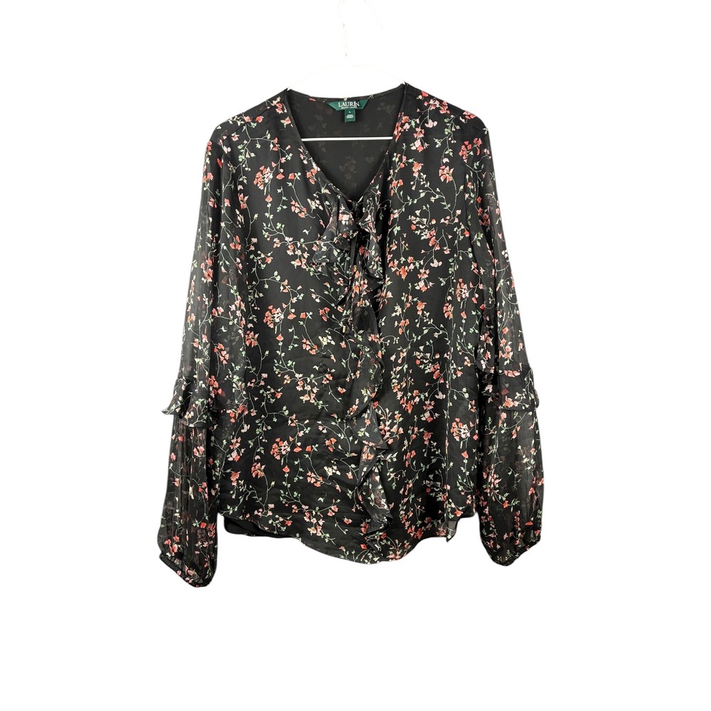 Lauren Ralph‎ Lauren Womens Floral Print Ruffle Tie Neck Long Sleeve Blouse LG